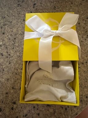Kendra Scott Yellow Gift Box with White Ribbon and Cream Pouch